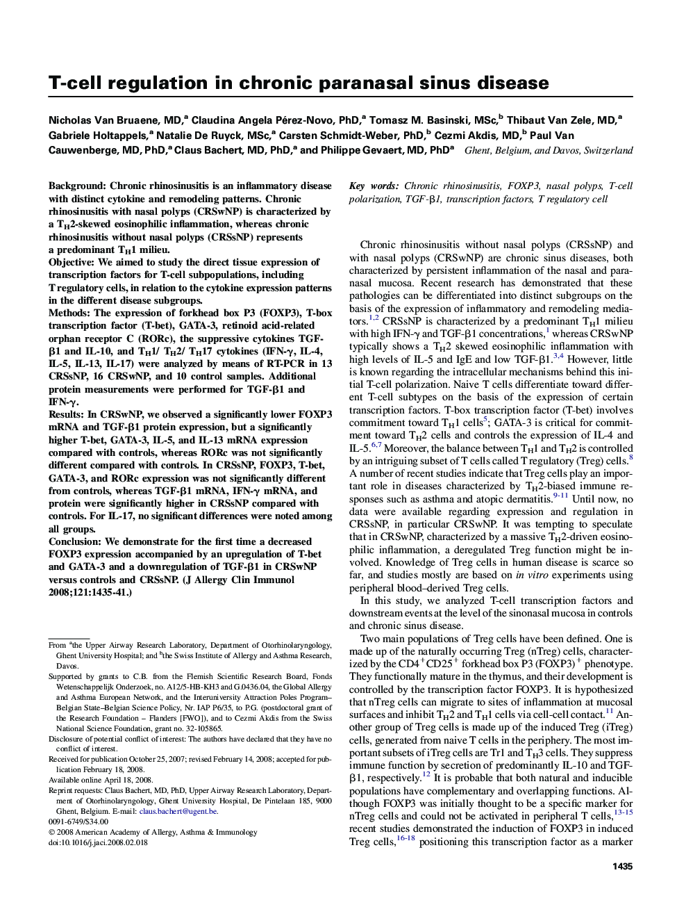 T-cell regulation in chronic paranasal sinus disease