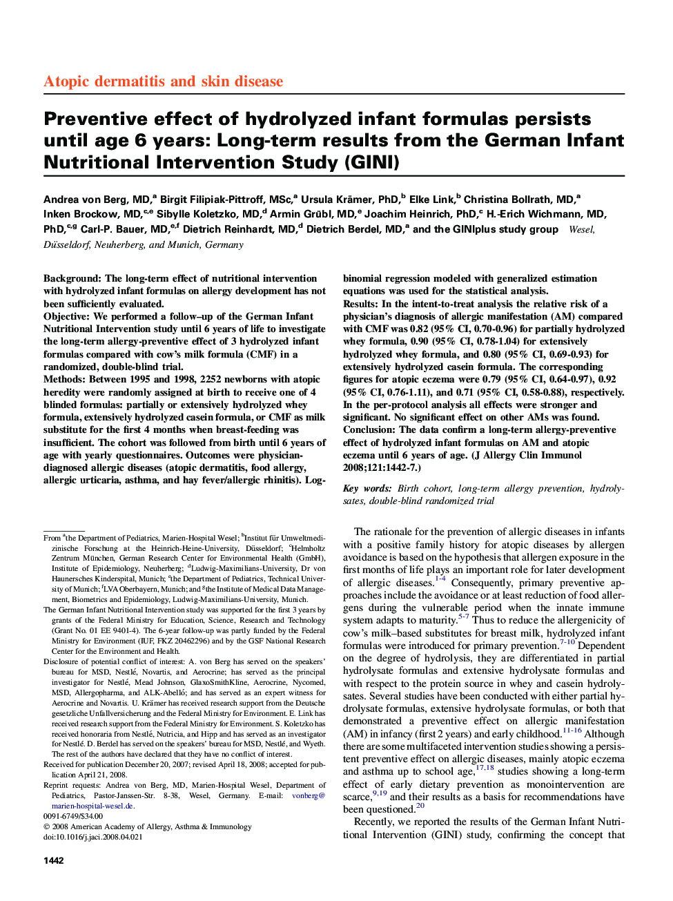 Preventive effect of hydrolyzed infant formulas persists until age 6 years: Long-term results from the German Infant Nutritional Intervention Study (GINI) 