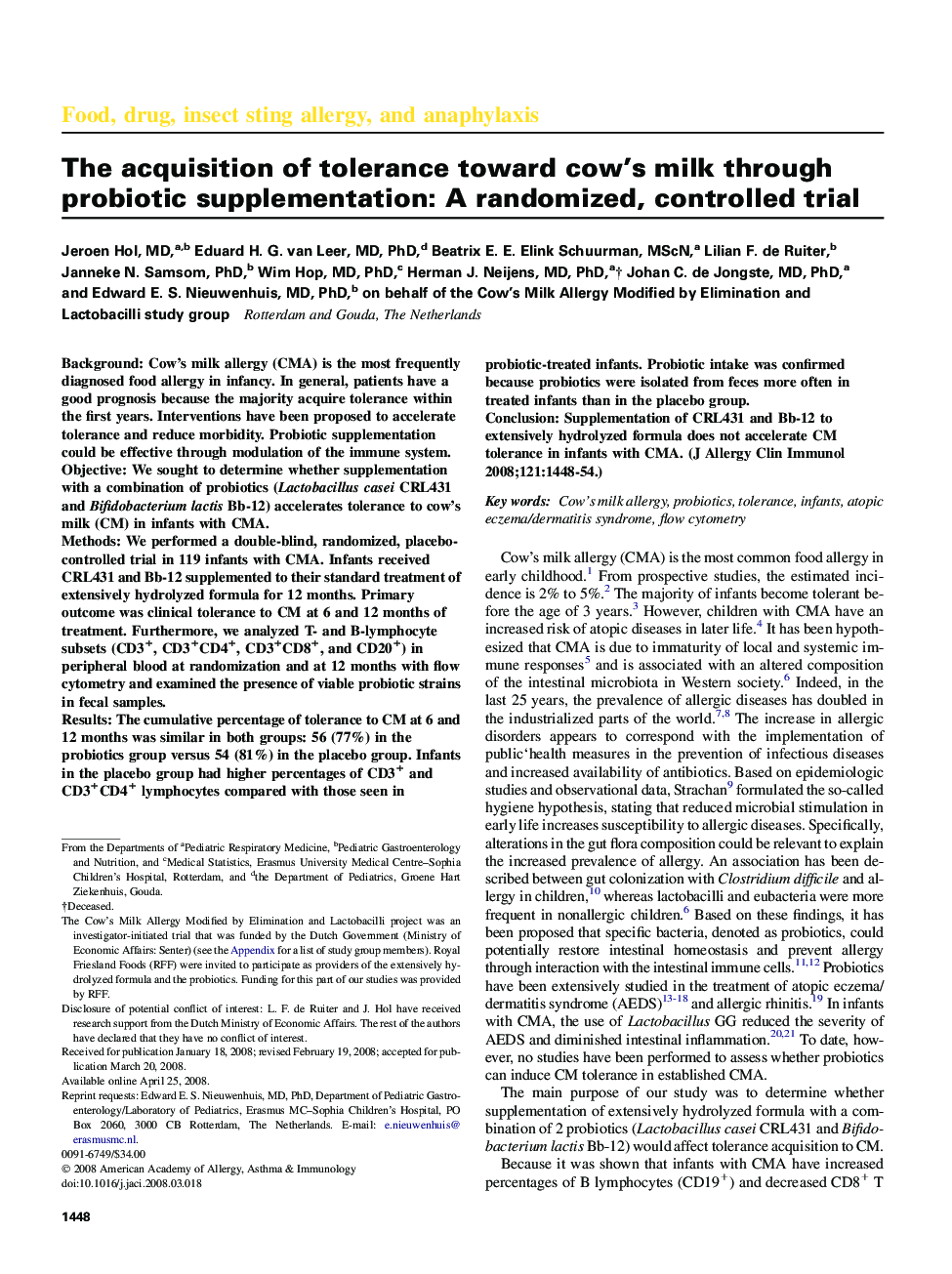 The acquisition of tolerance toward cow's milk through probiotic supplementation: A randomized, controlled trial 