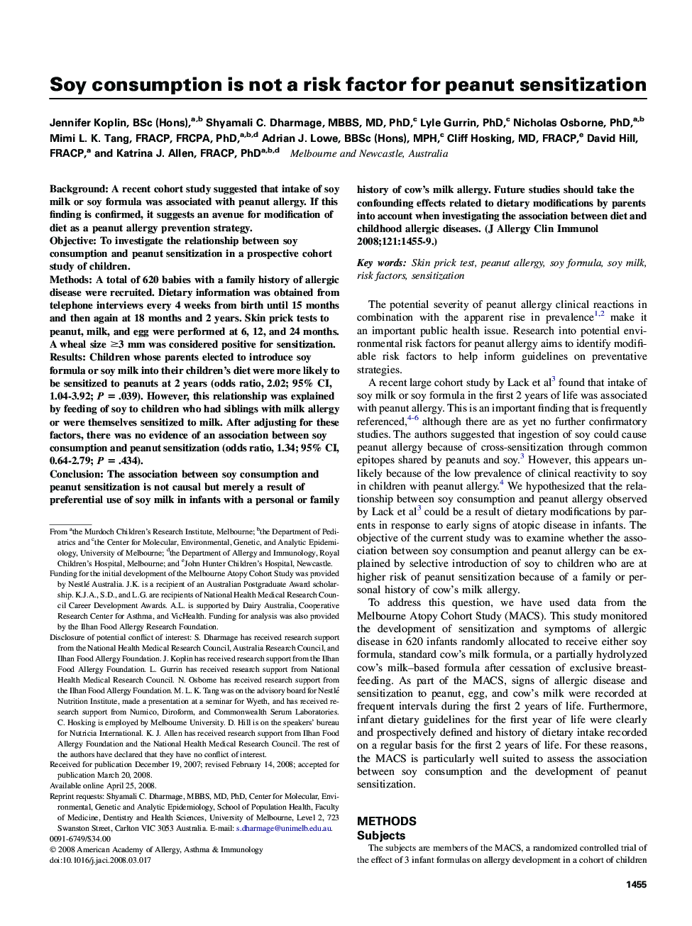 Soy consumption is not a risk factor for peanut sensitization 