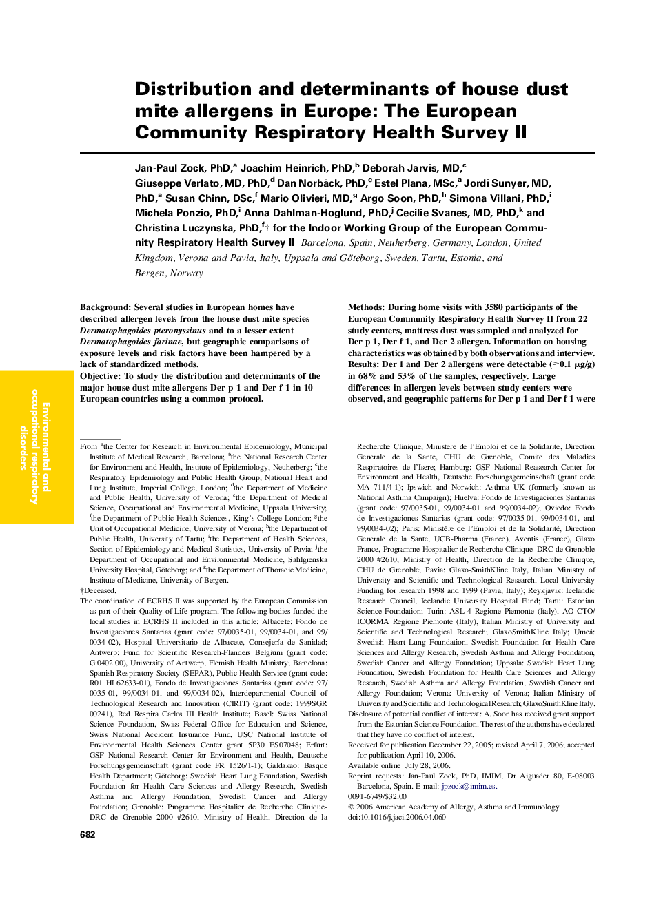 Distribution and determinants of house dust mite allergens in Europe: The European Community Respiratory Health Survey II 