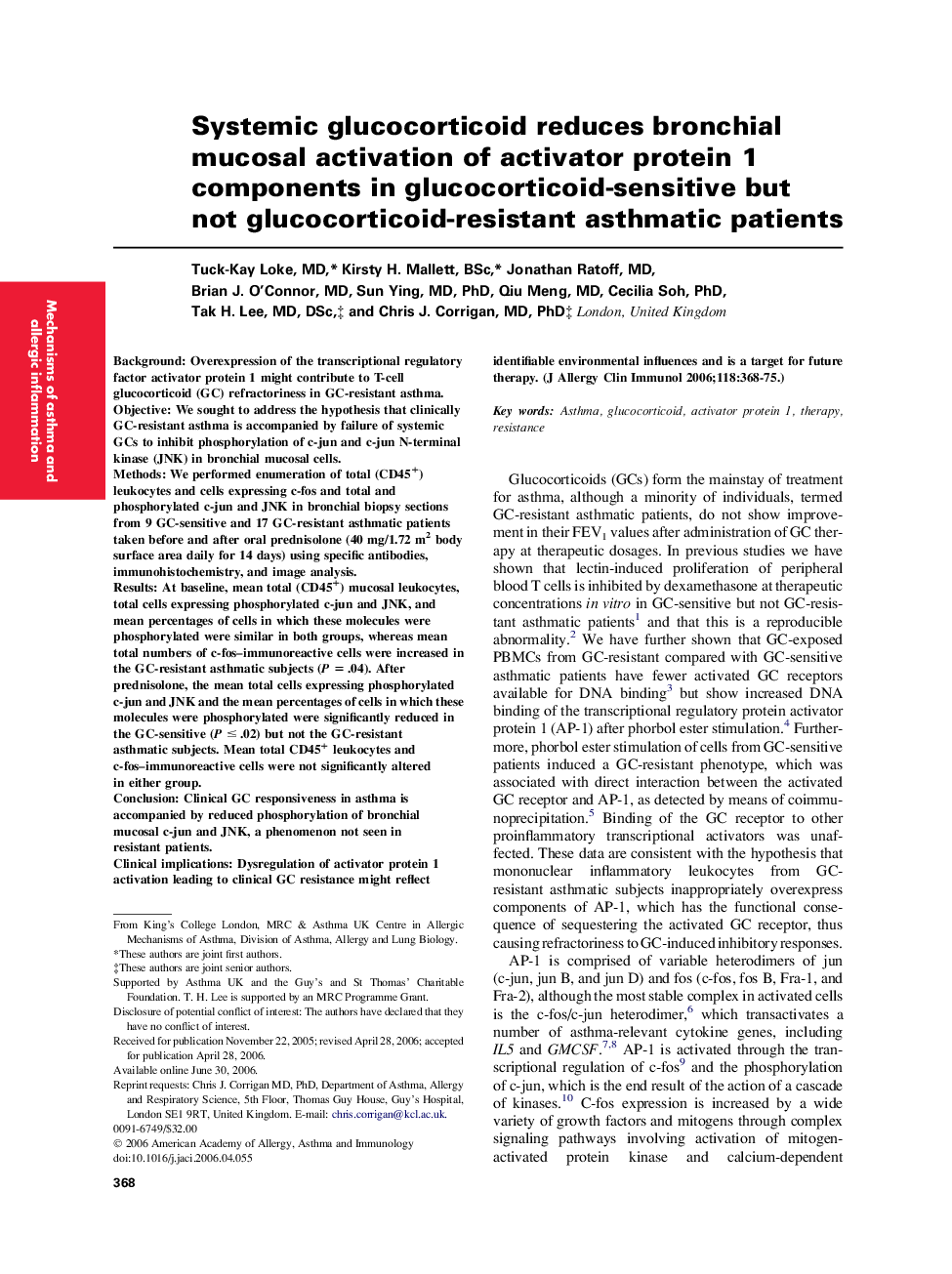 Systemic glucocorticoid reduces bronchial mucosal activation of activator protein 1 components in glucocorticoid-sensitive but not glucocorticoid-resistant asthmatic patients 