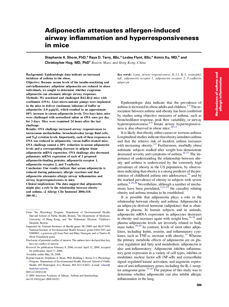 Adiponectin attenuates allergen-induced airway inflammation and hyperresponsiveness in mice 