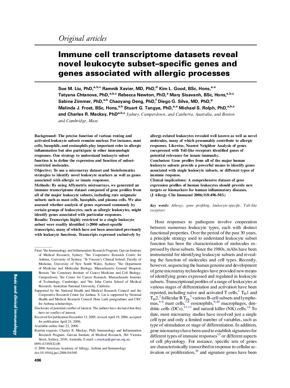 Immune cell transcriptome datasets reveal novel leukocyte subset–specific genes and genes associated with allergic processes 