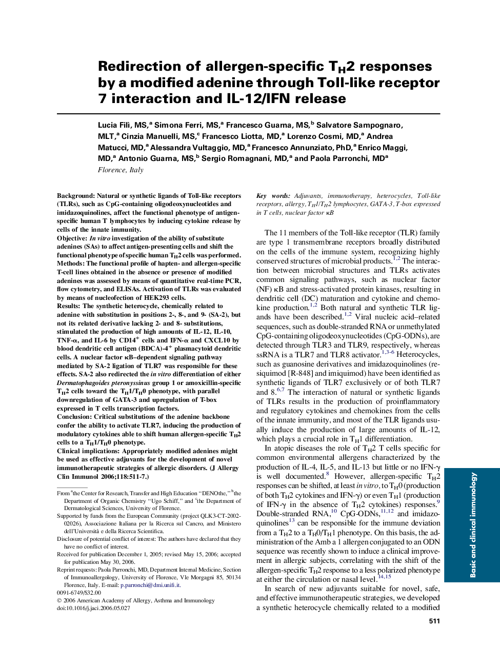 Redirection of allergen-specific TH2 responses by a modified adenine through Toll-like receptor 7 interaction and IL-12/IFN release 