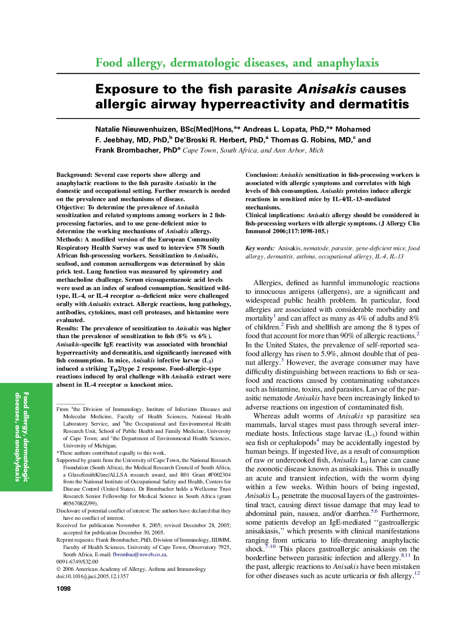 Exposure to the fish parasite Anisakis causes allergic airway hyperreactivity and dermatitis 