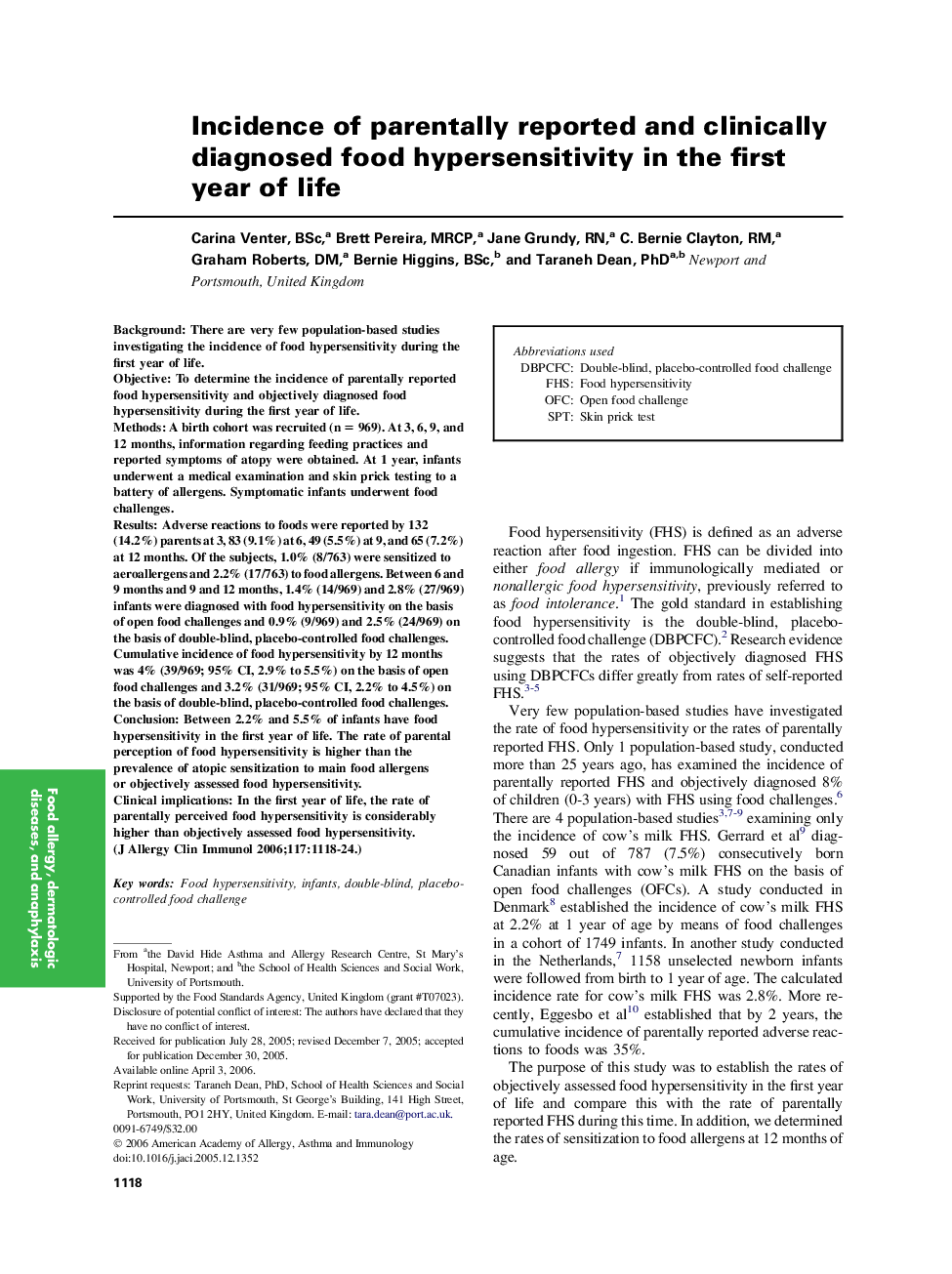 Incidence of parentally reported and clinically diagnosed food hypersensitivity in the first year of life 