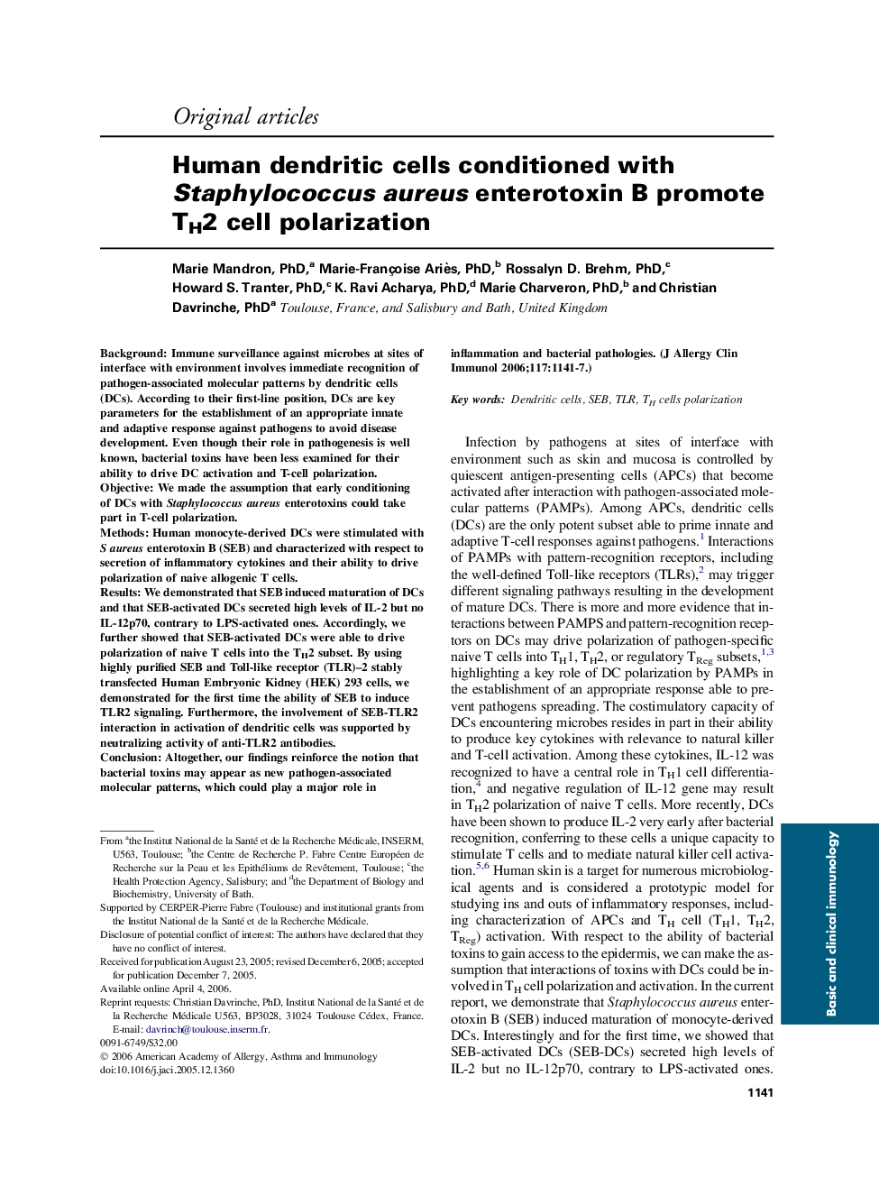 Human dendritic cells conditioned with Staphylococcus aureus enterotoxin B promote TH2 cell polarization 