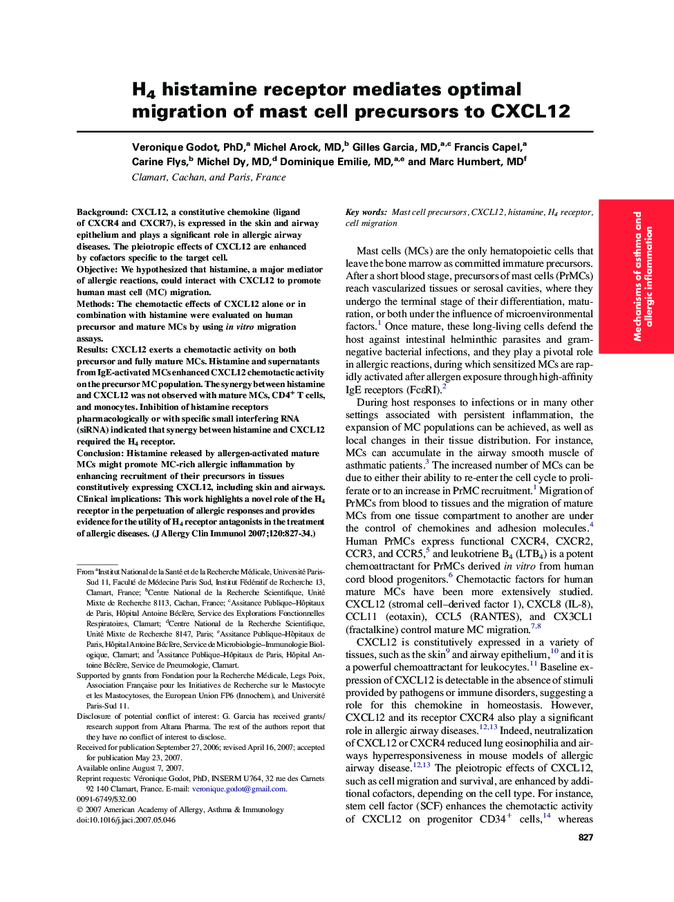 H4 histamine receptor mediates optimal migration of mast cell precursors to CXCL12 