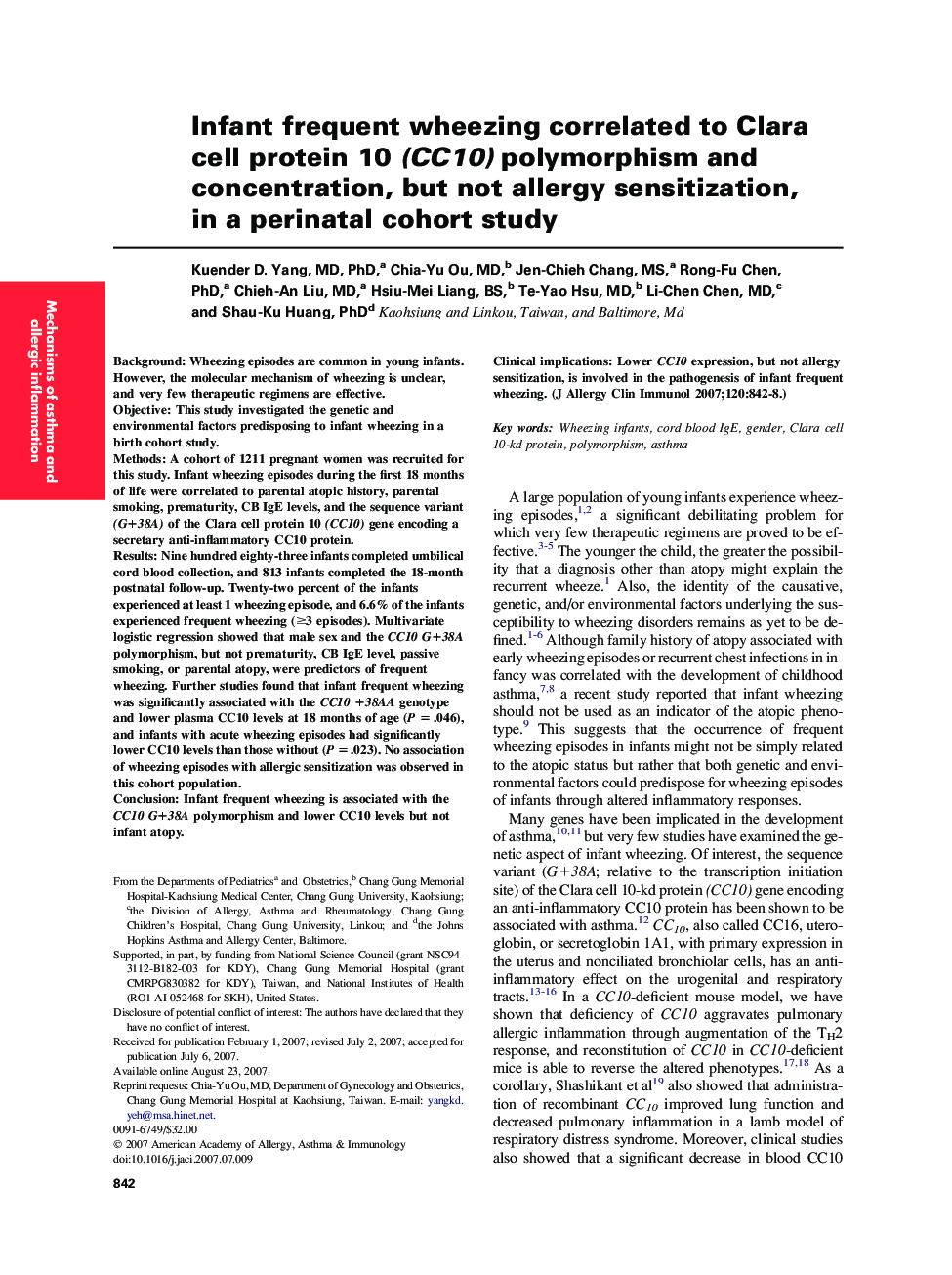 Infant frequent wheezing correlated to Clara cell protein 10 (CC10) polymorphism and concentration, but not allergy sensitization, in a perinatal cohort study 