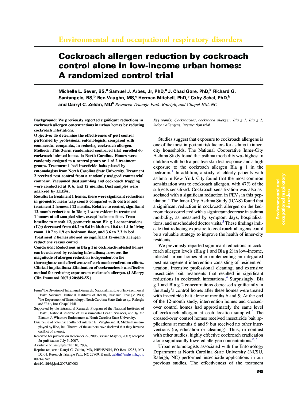 Cockroach allergen reduction by cockroach control alone in low-income urban homes: A randomized control trial 