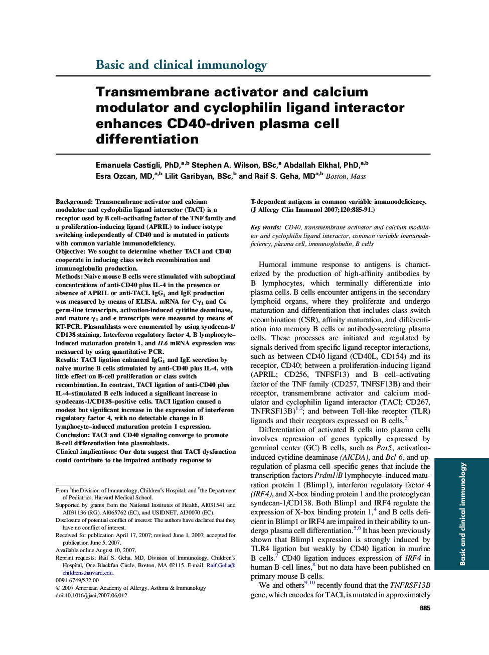 Transmembrane activator and calcium modulator and cyclophilin ligand interactor enhances CD40-driven plasma cell differentiation 