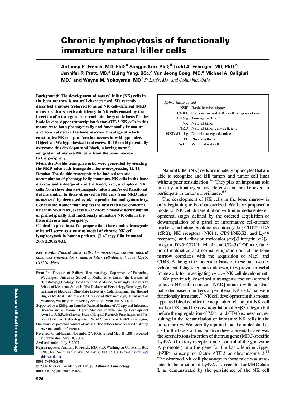 Chronic lymphocytosis of functionally immature natural killer cells 