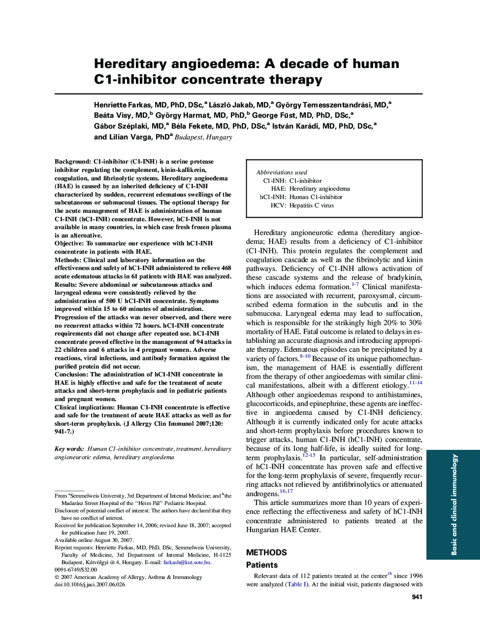 Hereditary angioedema: A decade of human C1-inhibitor concentrate therapy 