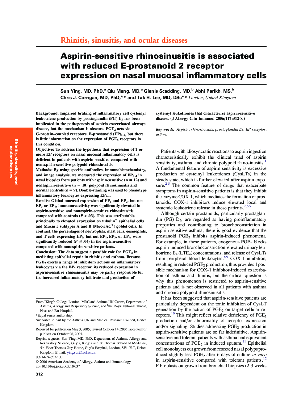 Aspirin-sensitive rhinosinusitis is associated with reduced E-prostanoid 2 receptor expression on nasal mucosal inflammatory cells 