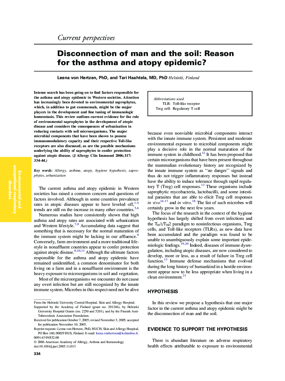 Disconnection of man and the soil: Reason for the asthma and atopy epidemic?