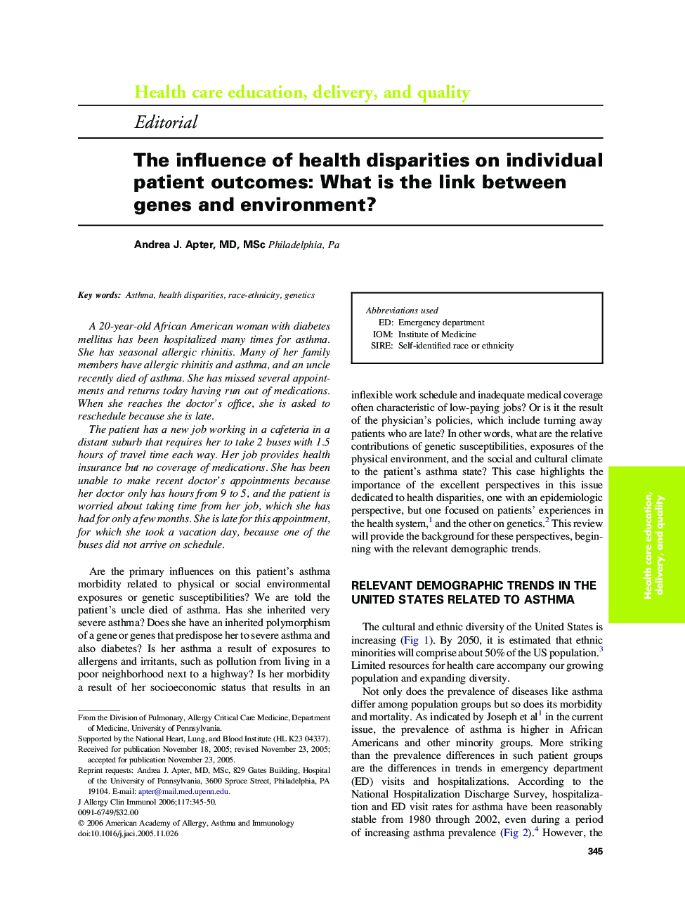 The influence of health disparities on individual patient outcomes: What is the link between genes and environment?