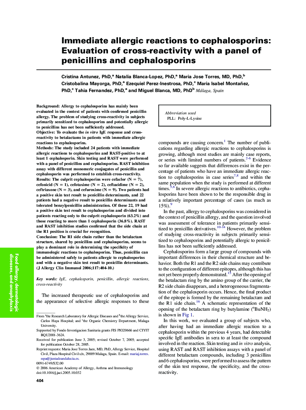 Immediate allergic reactions to cephalosporins: Evaluation of cross-reactivity with a panel of penicillins and cephalosporins 