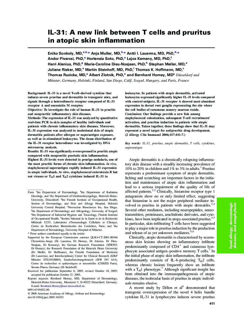 IL-31: A new link between T cells and pruritus in atopic skin inflammation 