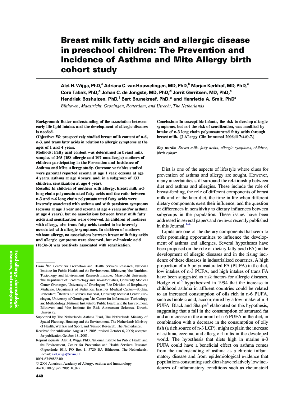 Breast milk fatty acids and allergic disease in preschool children: The Prevention and Incidence of Asthma and Mite Allergy birth cohort study 