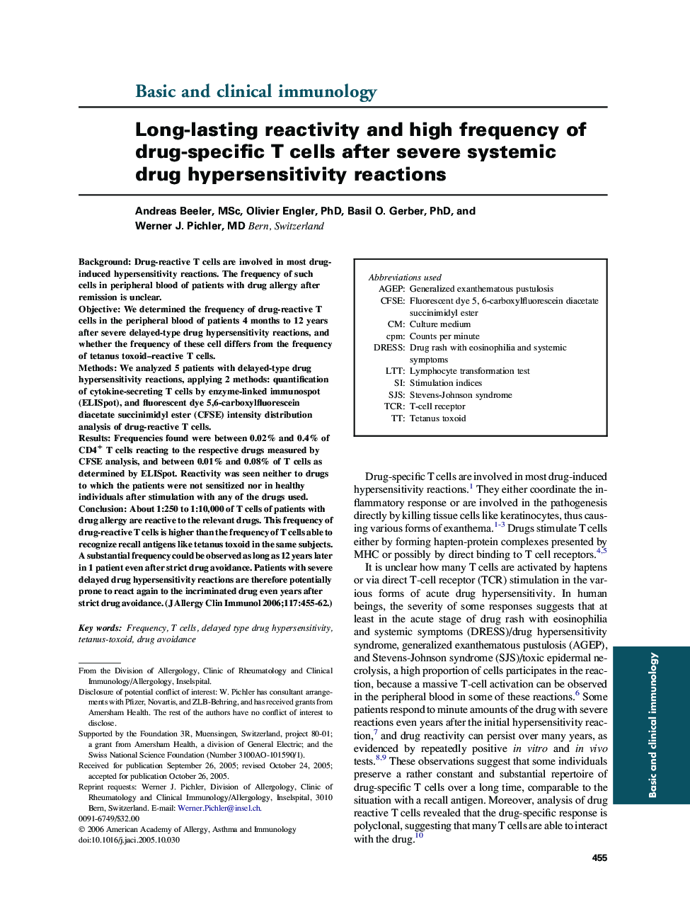 Long-lasting reactivity and high frequency of drug-specific T cells after severe systemic drug hypersensitivity reactions 