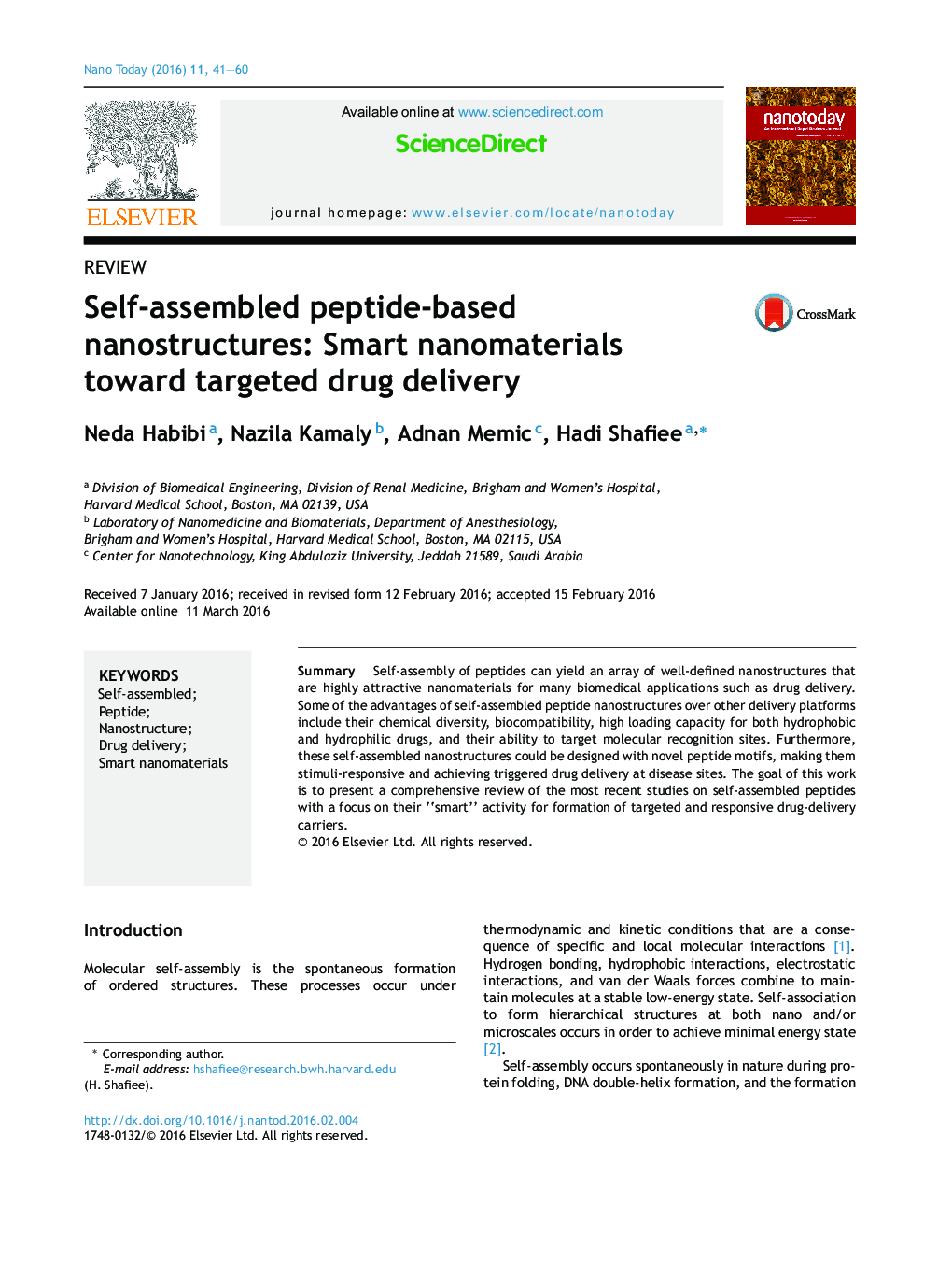 Self-assembled peptide-based nanostructures: Smart nanomaterials toward targeted drug delivery