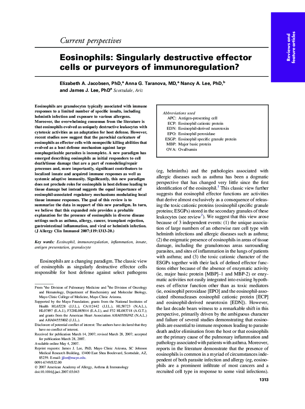 Eosinophils: Singularly destructive effector cells or purveyors of immunoregulation? 