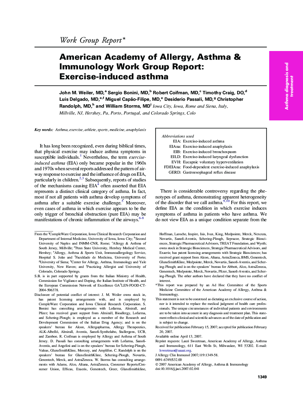 American Academy of Allergy, Asthma & Immunology Work Group Report: Exercise-induced asthma