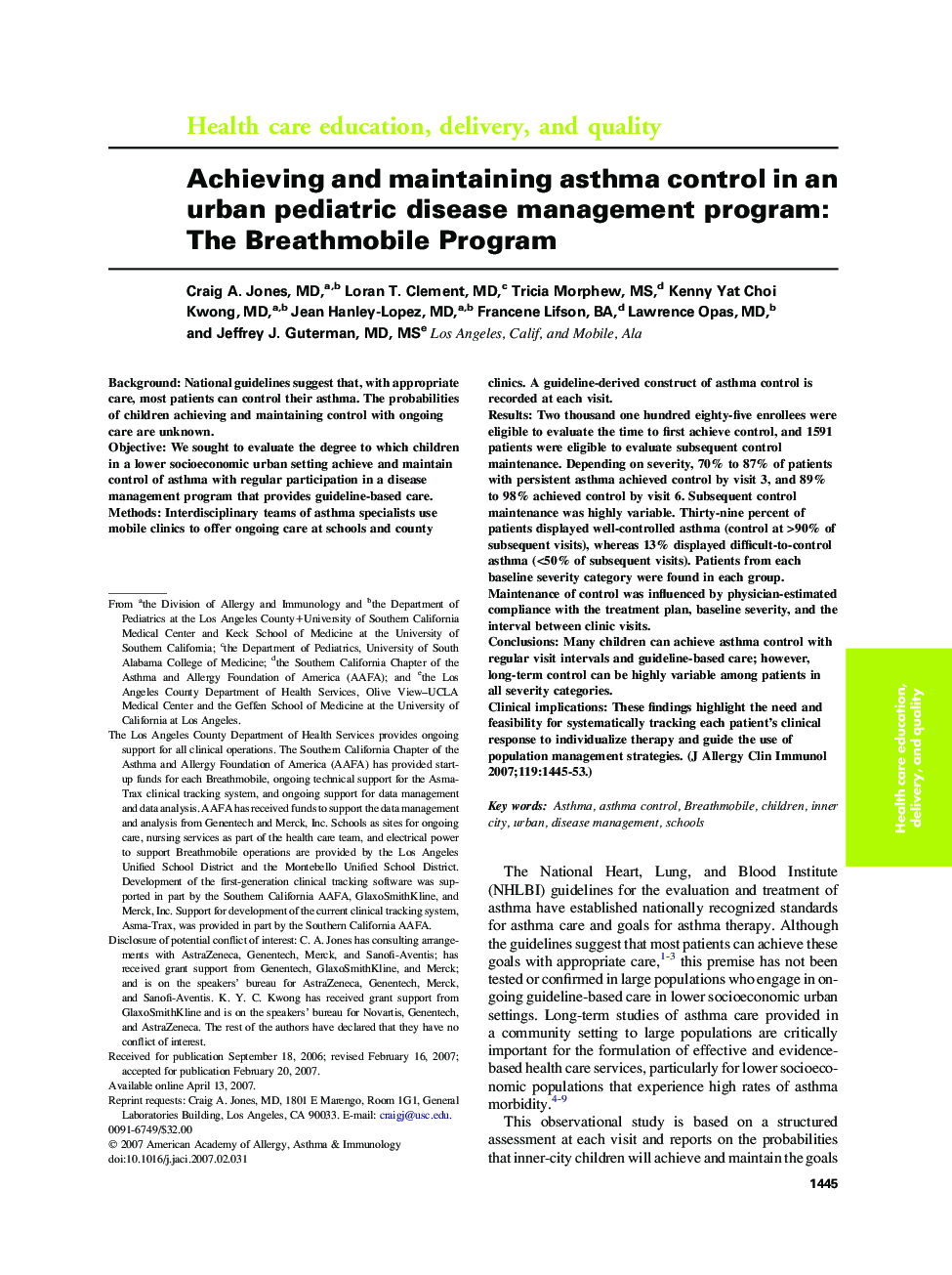 Achieving and maintaining asthma control in an urban pediatric disease management program: The Breathmobile Program 