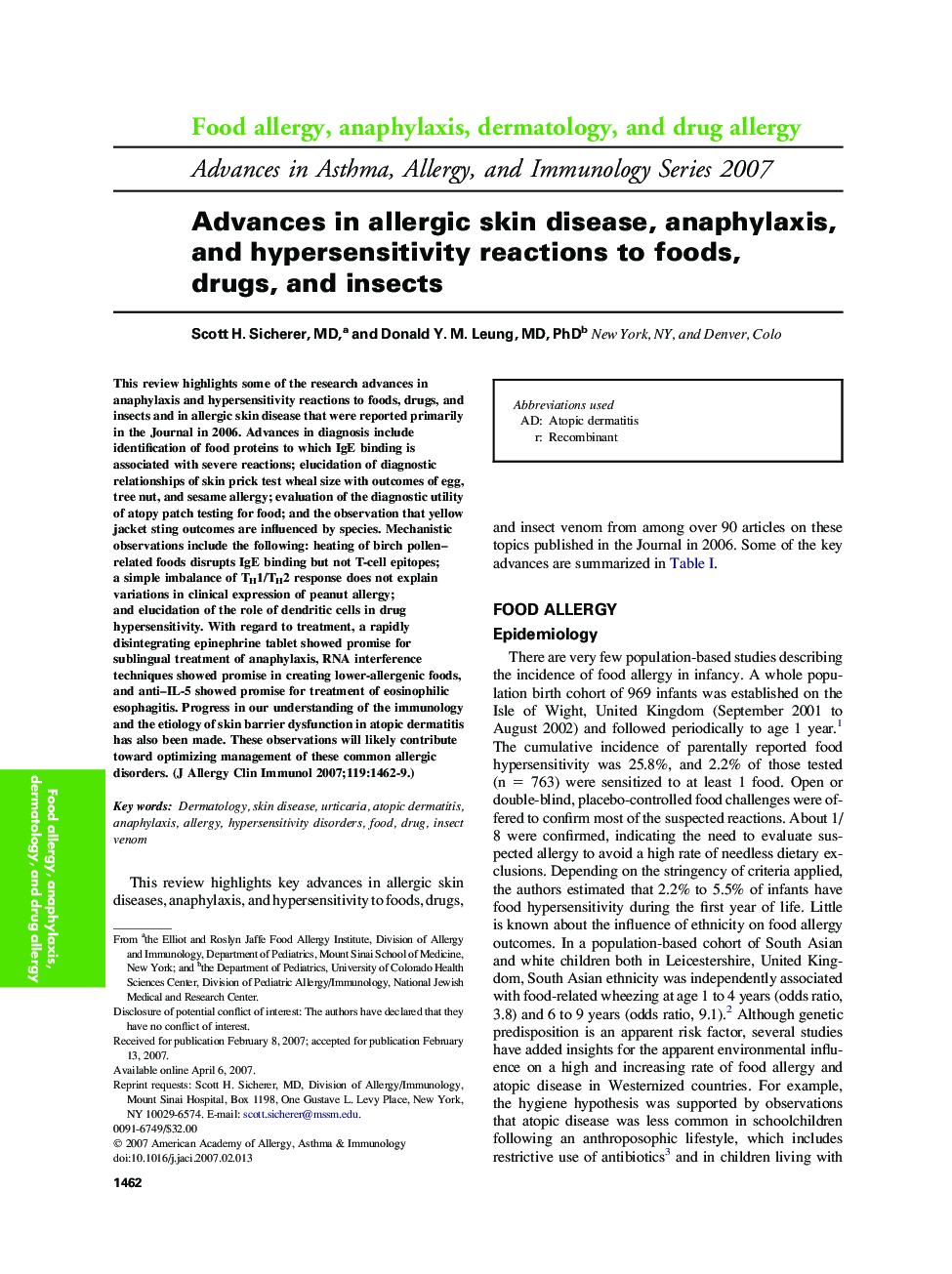 Advances in allergic skin disease, anaphylaxis, and hypersensitivity reactions to foods, drugs, and insects 