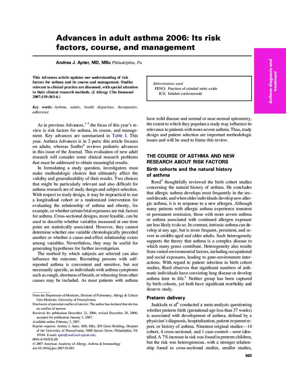 Advances in adult asthma 2006: Its risk factors, course, and management