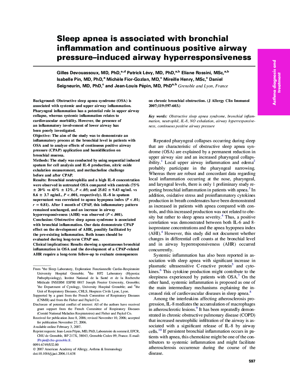 Sleep apnea is associated with bronchial inflammation and continuous positive airway pressure–induced airway hyperresponsiveness 