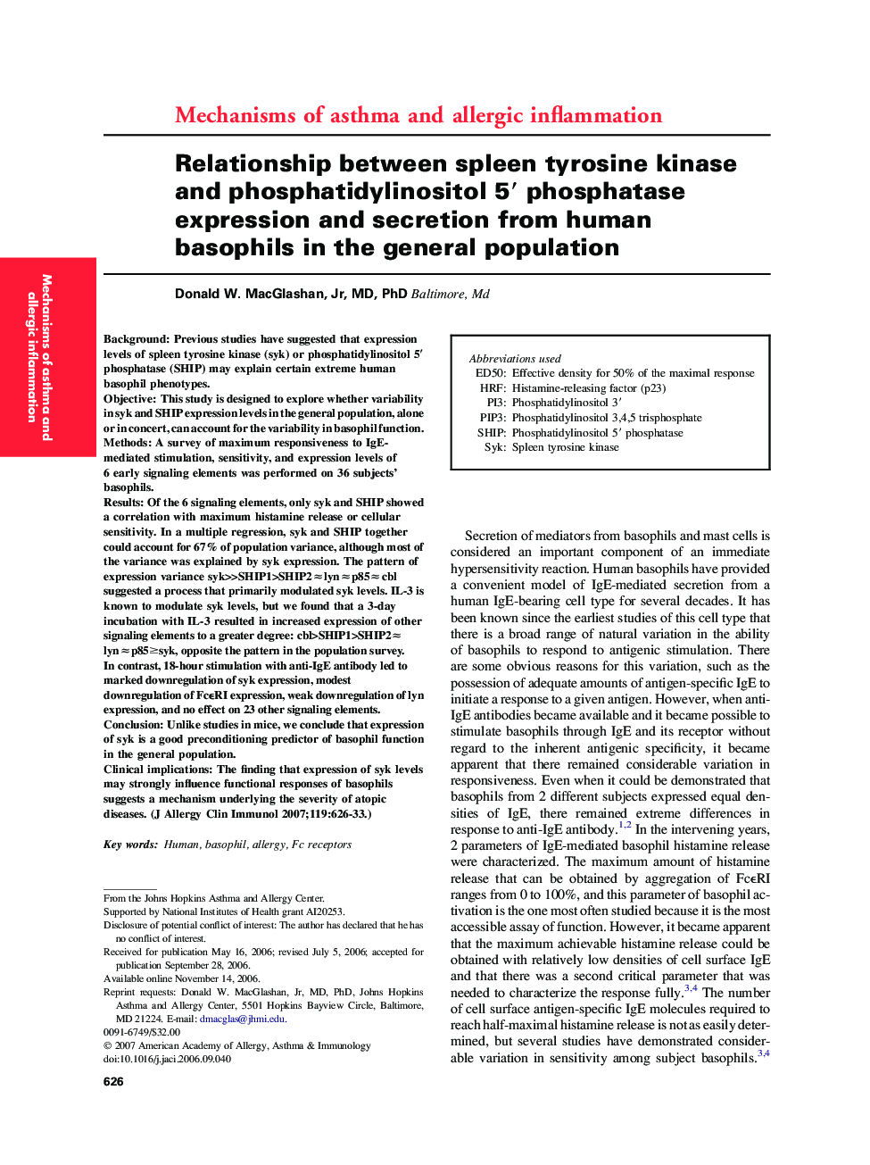 Relationship between spleen tyrosine kinase and phosphatidylinositol 5â² phosphatase expression and secretion from human basophils in the general population