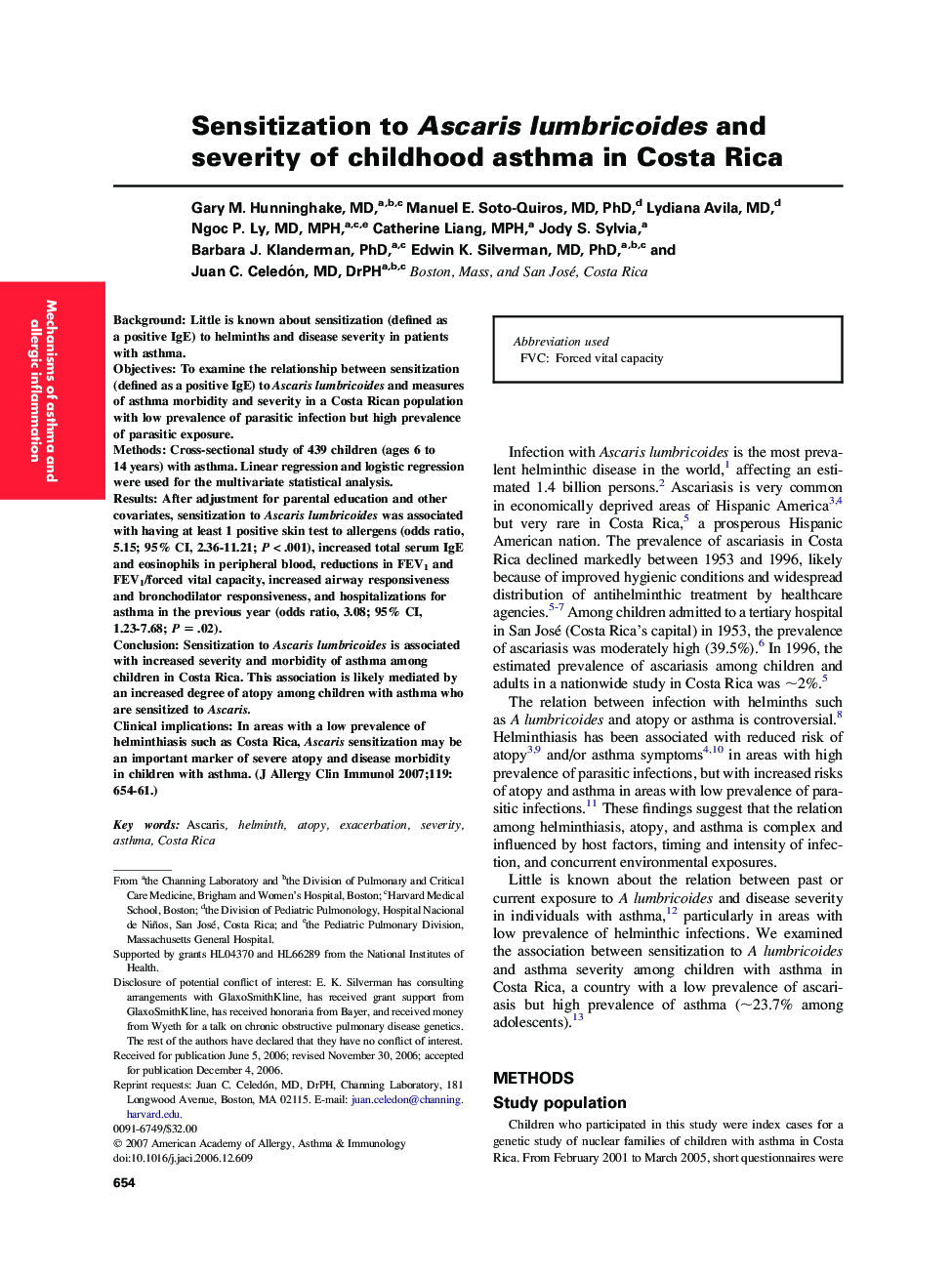 عکس صفحه اول مقاله: Sensitization to Ascaris lumbricoides and severity of childhood asthma in Costa Rica Sensitization to Ascaris lumbricoides and severity of childhood asthma in Costa Rica