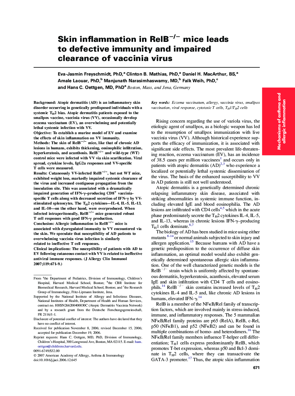 Skin inflammation in RelB−/− mice leads to defective immunity and impaired clearance of vaccinia virus 