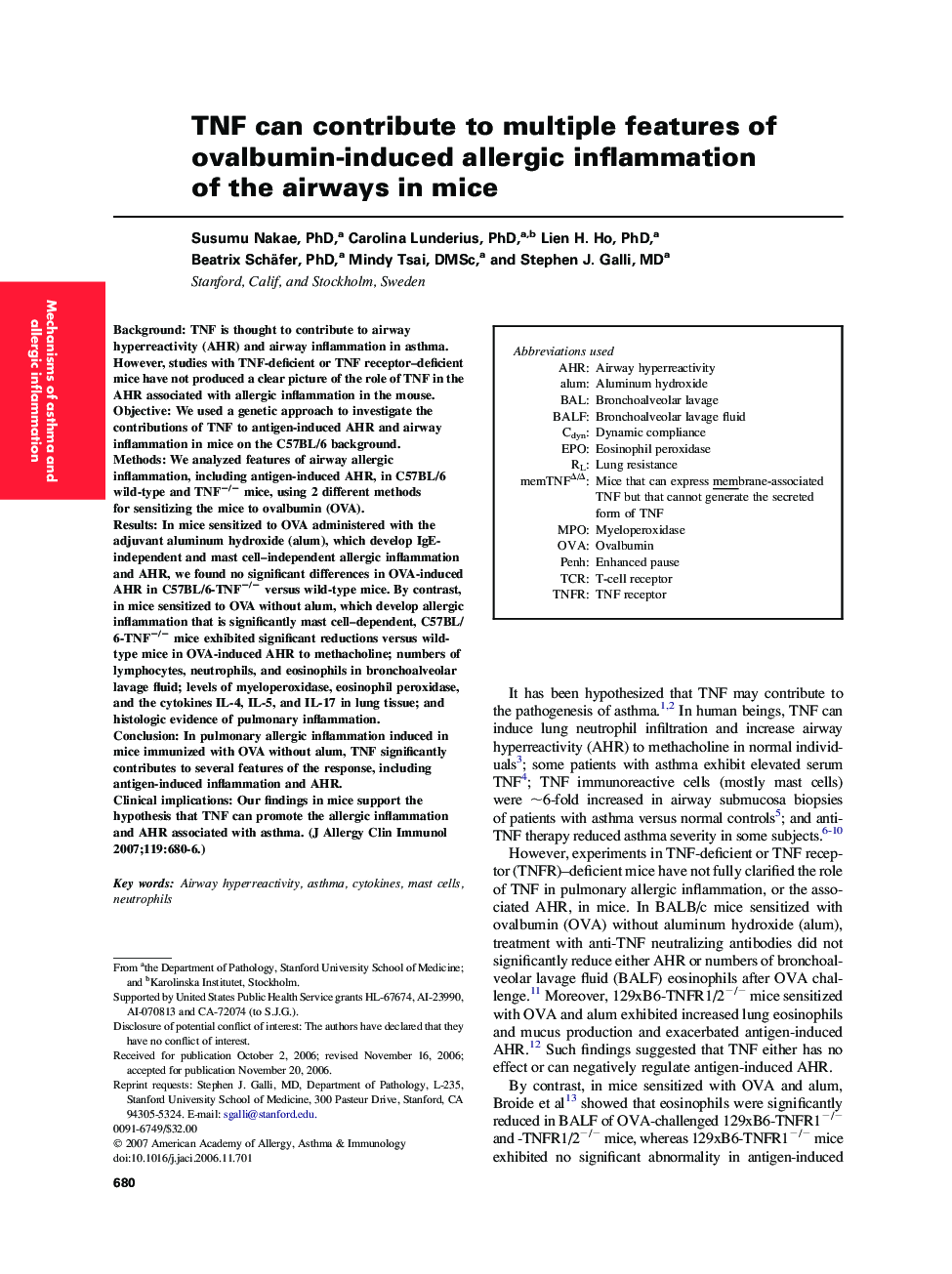 TNF can contribute to multiple features of ovalbumin-induced allergic inflammation of the airways in mice 