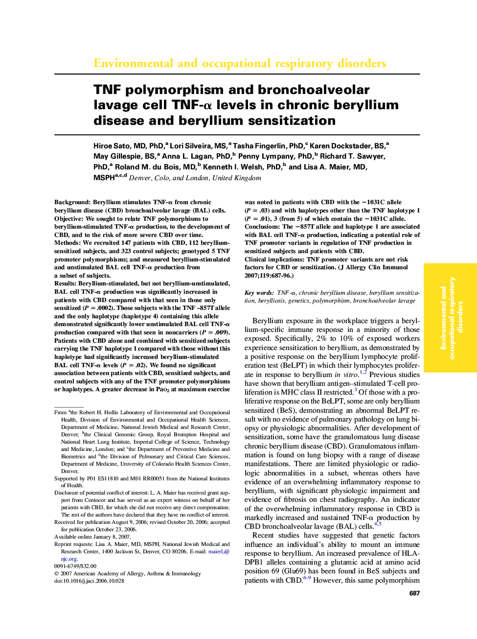 TNF polymorphism and bronchoalveolar lavage cell TNF-α levels in chronic beryllium disease and beryllium sensitization 