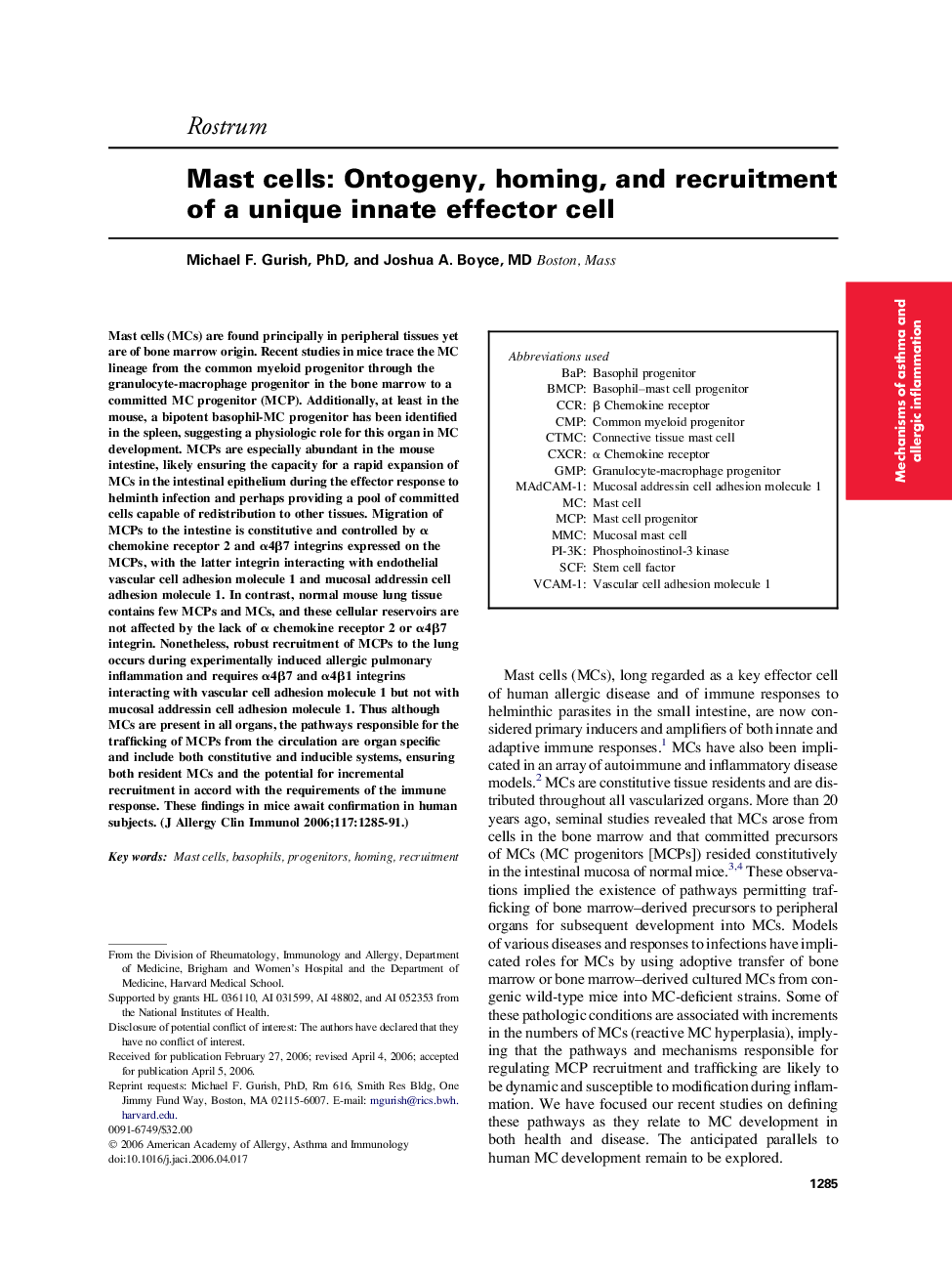 Mast cells: Ontogeny, homing, and recruitment of a unique innate effector cell 