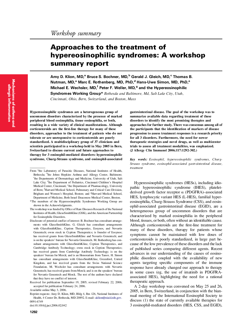 Approaches to the treatment of hypereosinophilic syndromes: A workshop summary report 