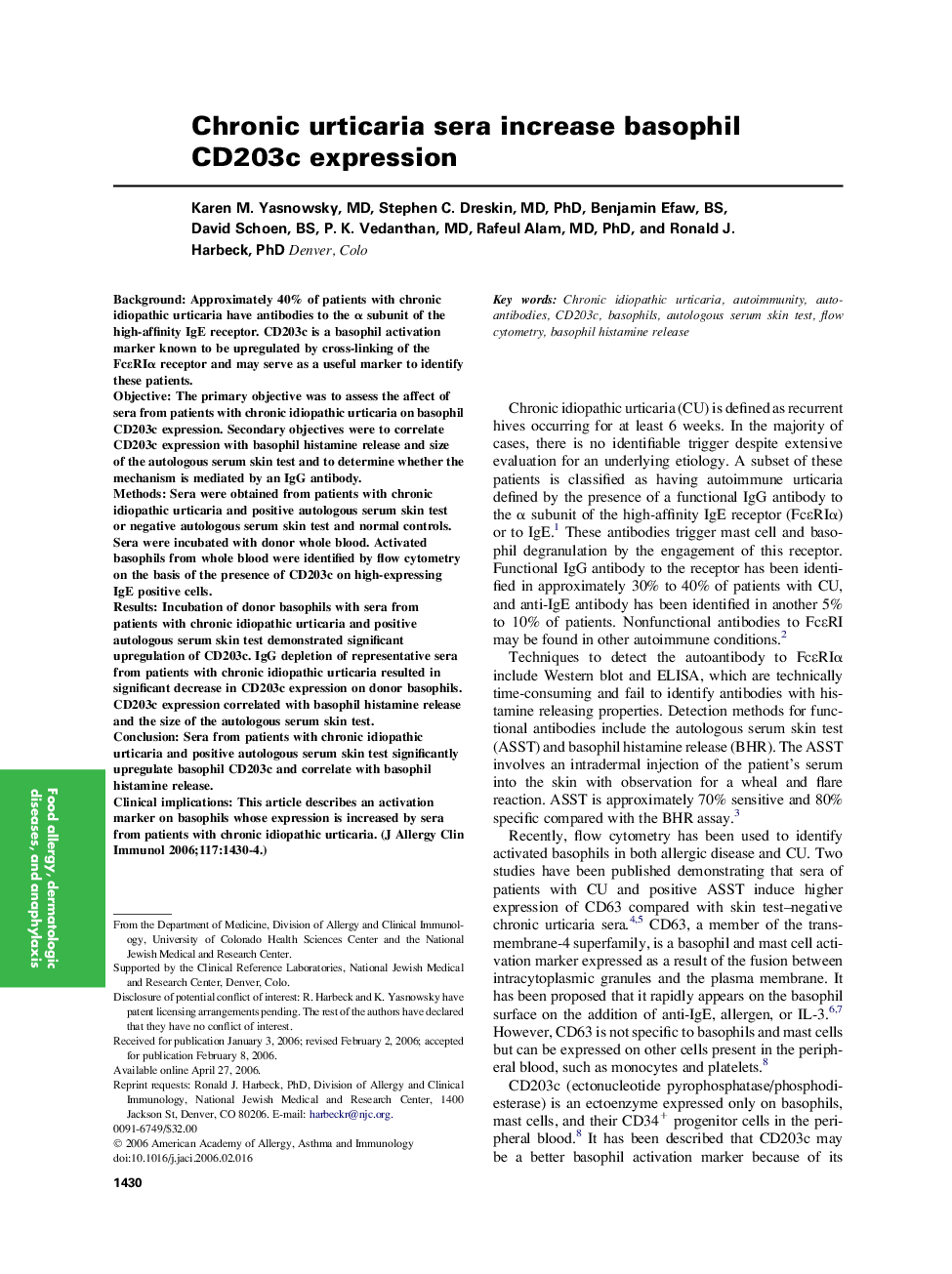 Chronic urticaria sera increase basophil CD203c expression 