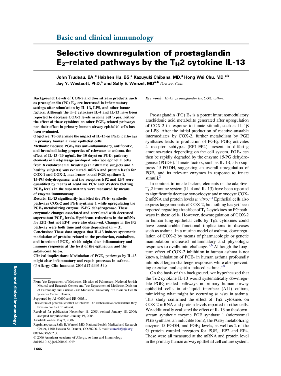 Selective downregulation of prostaglandin E2–related pathways by the TH2 cytokine IL-13 