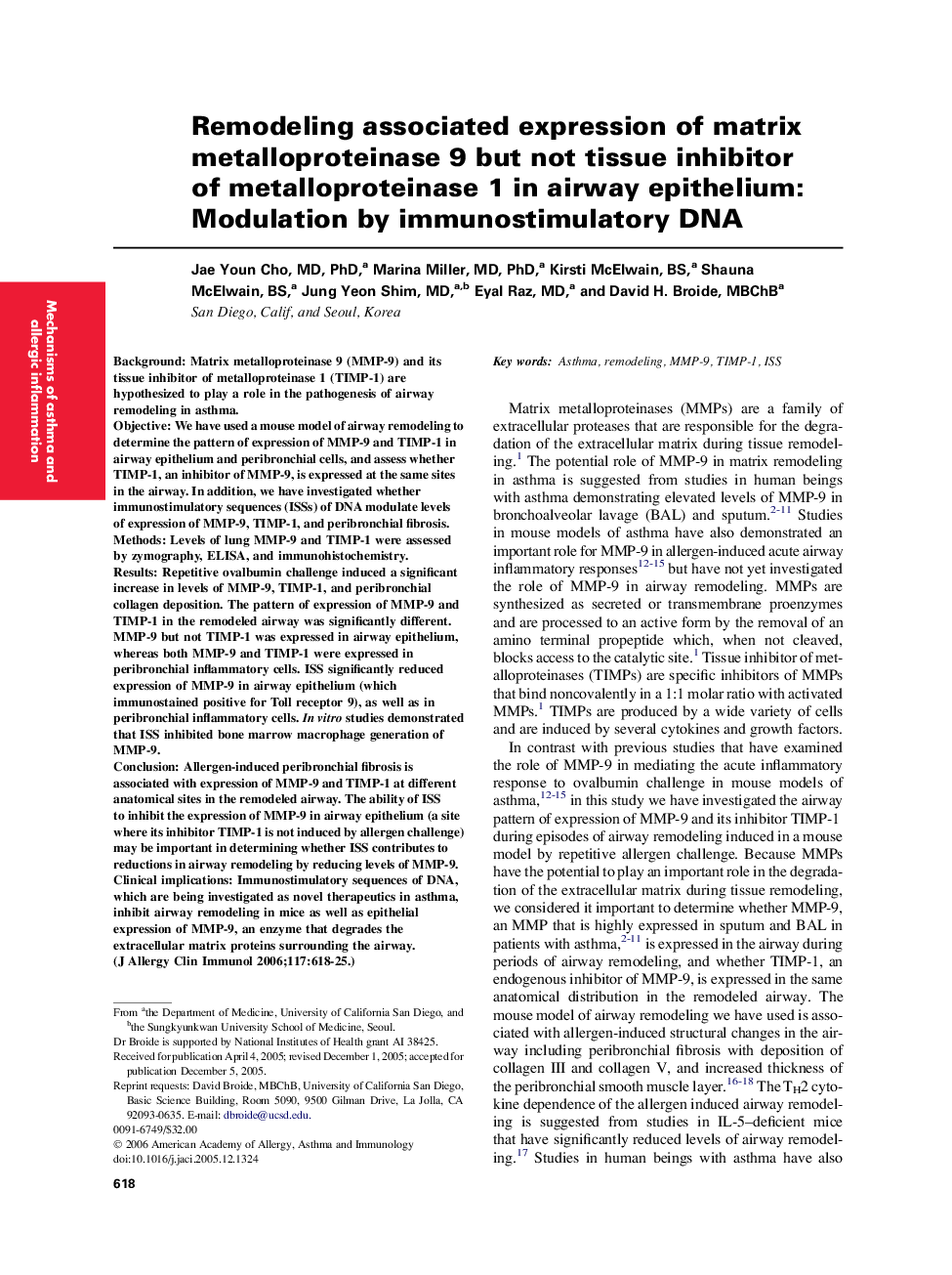 Remodeling associated expression of matrix metalloproteinase 9 but not tissue inhibitor of metalloproteinase 1 in airway epithelium: Modulation by immunostimulatory DNA 