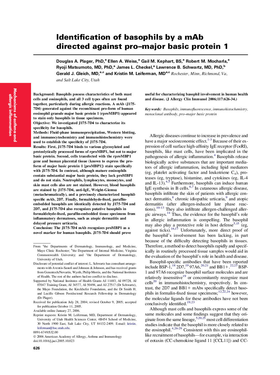 Identification of basophils by a mAb directed against pro–major basic protein 1 