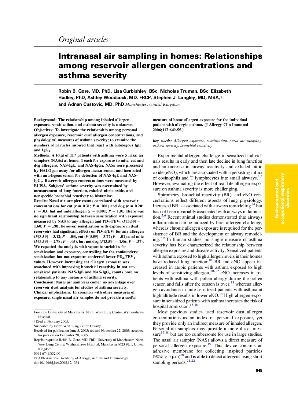 Intranasal air sampling in homes: Relationships among reservoir allergen concentrations and asthma severity 