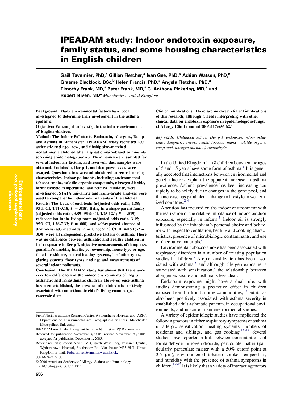 IPEADAM study: Indoor endotoxin exposure, family status, and some housing characteristics in English children 