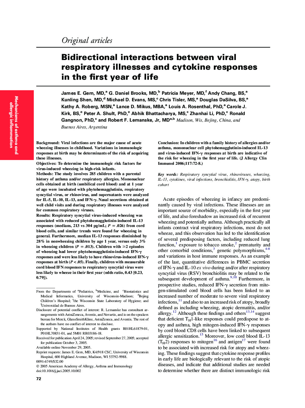 Bidirectional interactions between viral respiratory illnesses and cytokine responses in the first year of life 