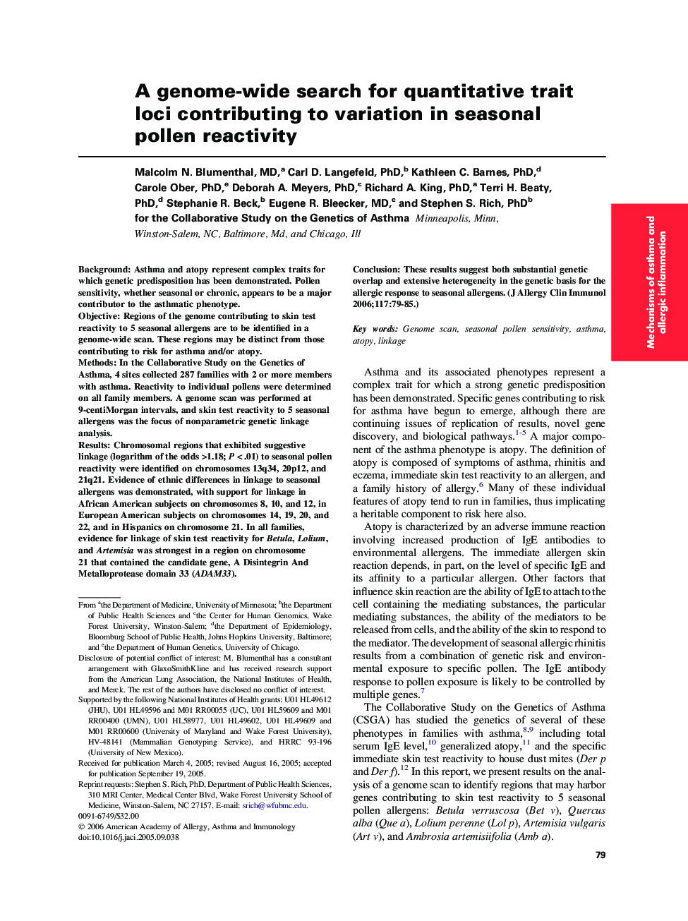 A genome-wide search for quantitative trait loci contributing to variation in seasonal pollen reactivity 