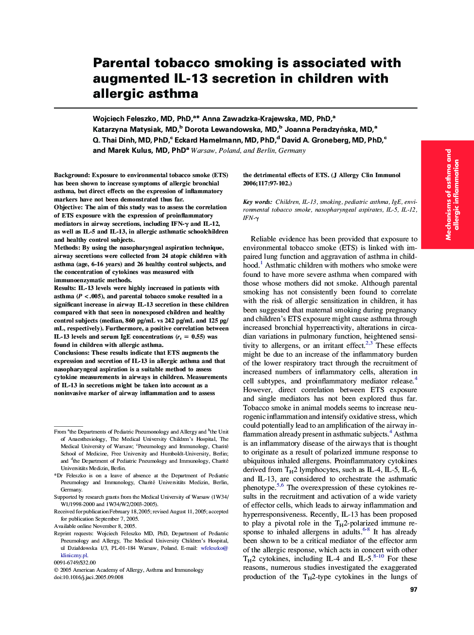 Parental tobacco smoking is associated with augmented IL-13 secretion in children with allergic asthma 