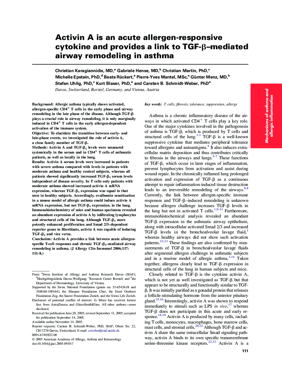 Activin A is an acute allergen-responsive cytokine and provides a link to TGF-β–mediated airway remodeling in asthma 