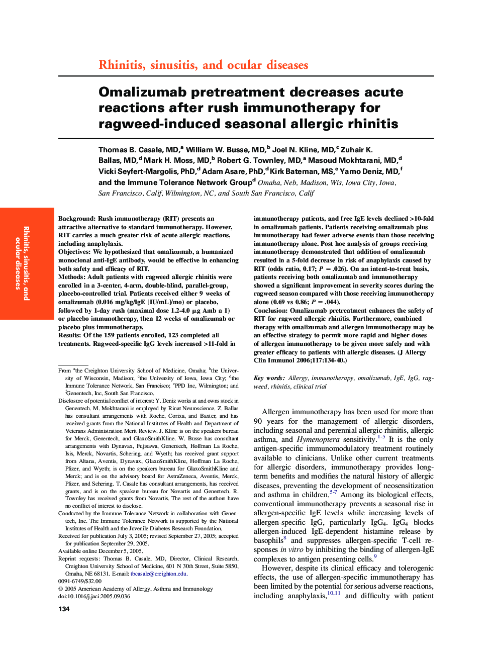 Omalizumab pretreatment decreases acute reactions after rush immunotherapy for ragweed-induced seasonal allergic rhinitis 